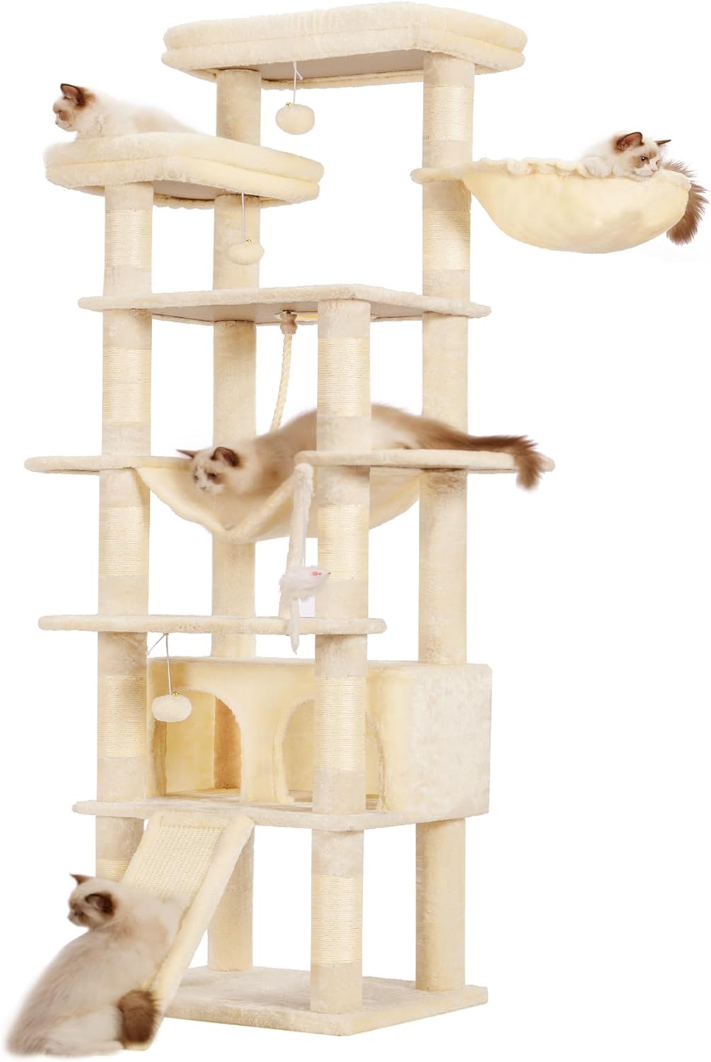Heybly キャットタワー 大きな猫や多頭飼い 超スリム 据え置き型 省スペース 登りやすい ハンモック2つ 大きな見晴らし台 天然麻紐 爪研ぎ棒 給餌台 高さ200cm ベージュ HCT033M