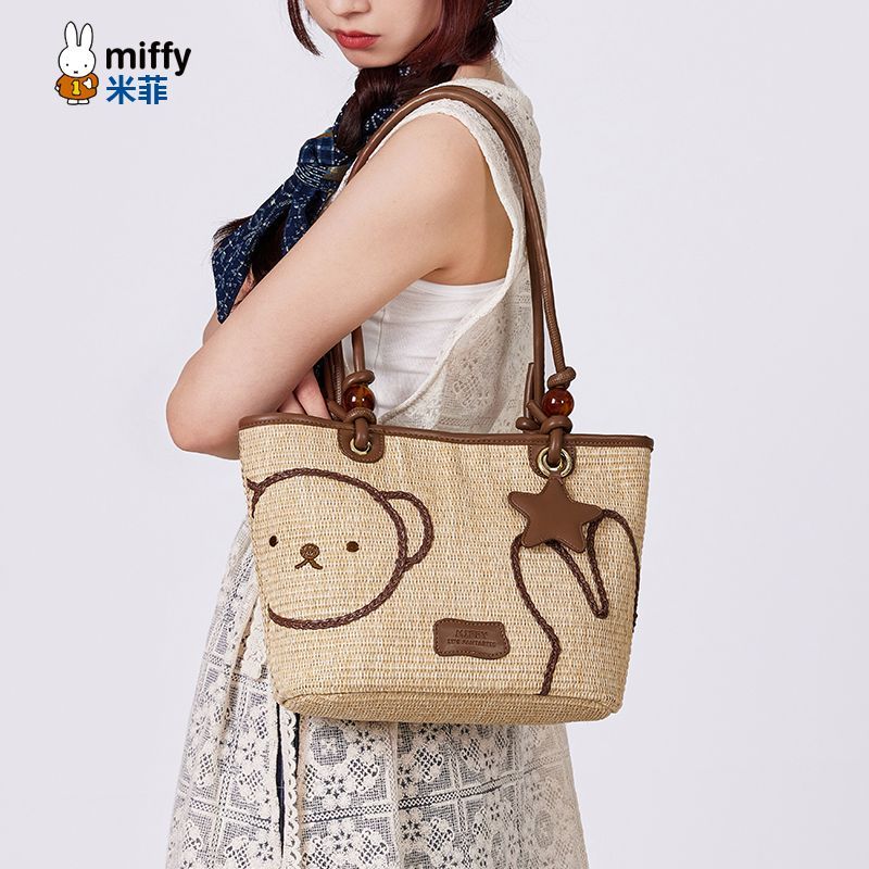 ミッフィーバッグ女2024年手提げ編み夏休暇手提げワンショルダートートバッグ野菜かごビーチバッグ