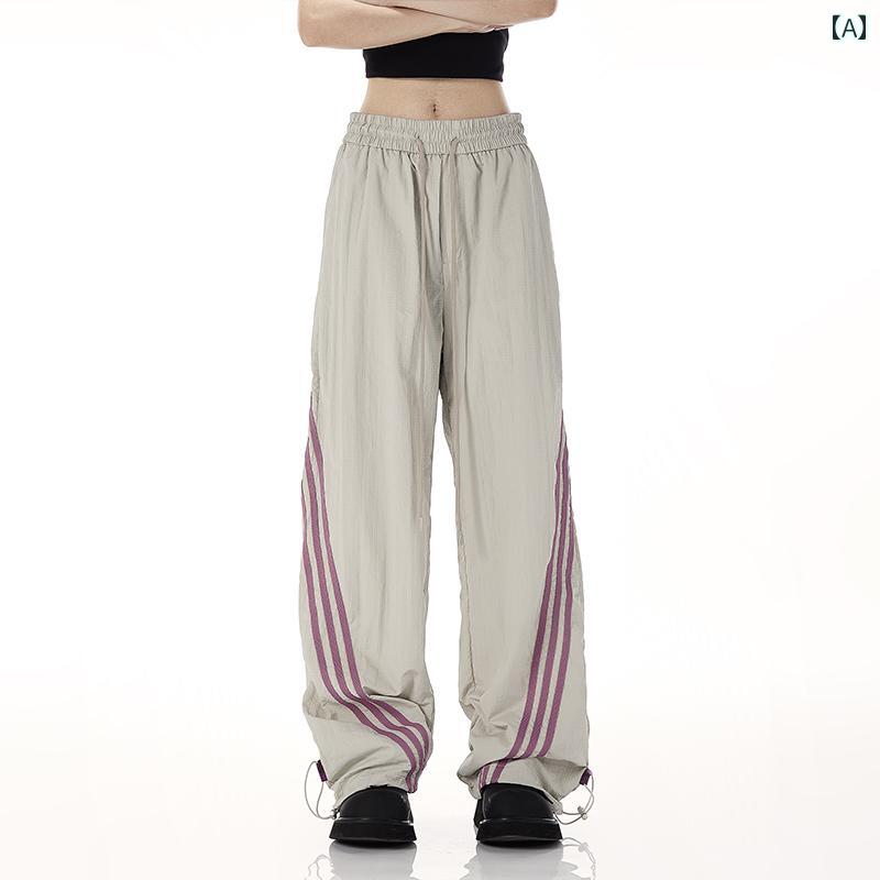 レディース ボトムス パンツ ワイド ロング ストリート KPOP ダンス トレーニング ジャズ アメリカン 女性用 ワーク 作業着 レトロ スリー ストライプ スポーツ ストレート 夏 カジュアル