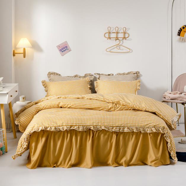 敷布団カバー 枕カバー 掛け布団カバー 4点セット チェック柄 寝具カバーセット 布団セット 3 セミ シングル フリル付き
