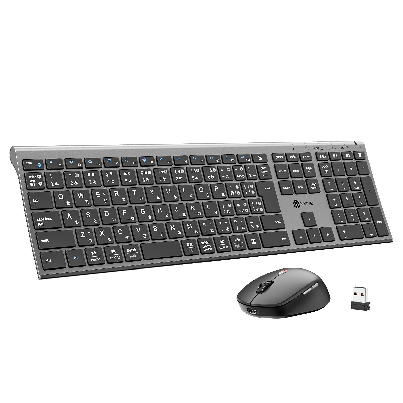 iClever キーボード マウスセット ワイヤレス Bluetooth＆2.4G JIS日本語配列 フルサイズ テンキー付き マウス4段調節可能DPI 静音 薄型 軽量 無線 Type-C充電式 パ