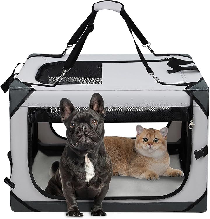 犬 キャリーケース 猫 キャリーバッグ 折り畳み ソフトクレート 犬用クレート ロック付き 給水ボトルバンド付き 洗濯可能 小型犬(ライトグレー, M)