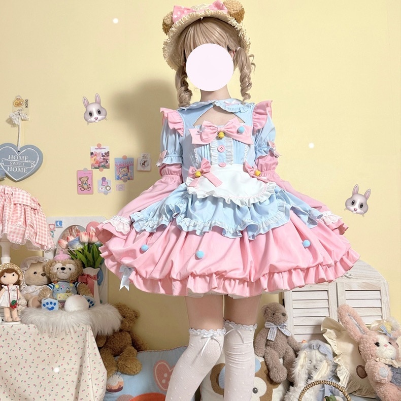 Lolita可爱女仆风可拆卸袖连衣裙洛丽塔OP公主裙大童萝莉蓬蓬裙子