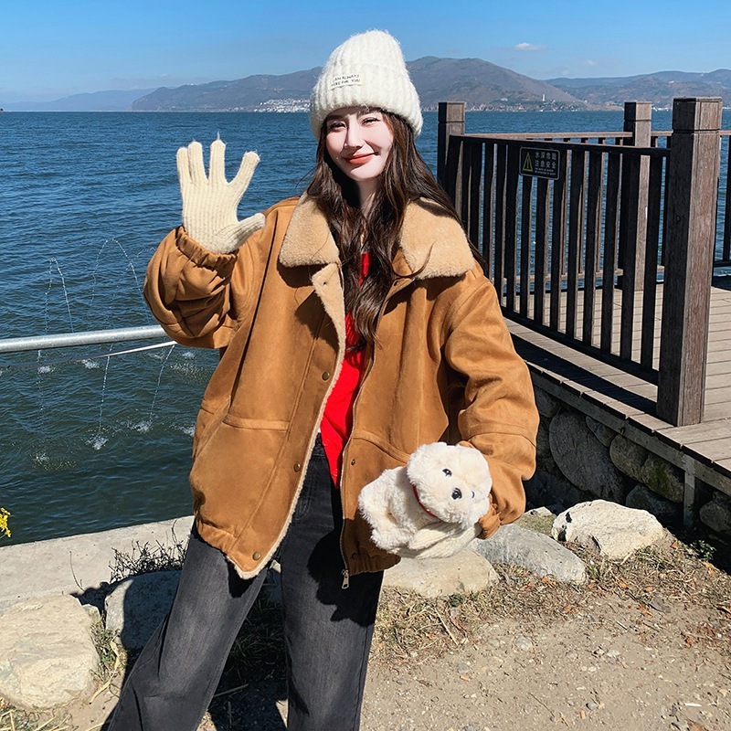 スエードラムウールスプライシングダウンライナーショートジャケット2024年新作韓国風毛皮一体型小柄な人向け