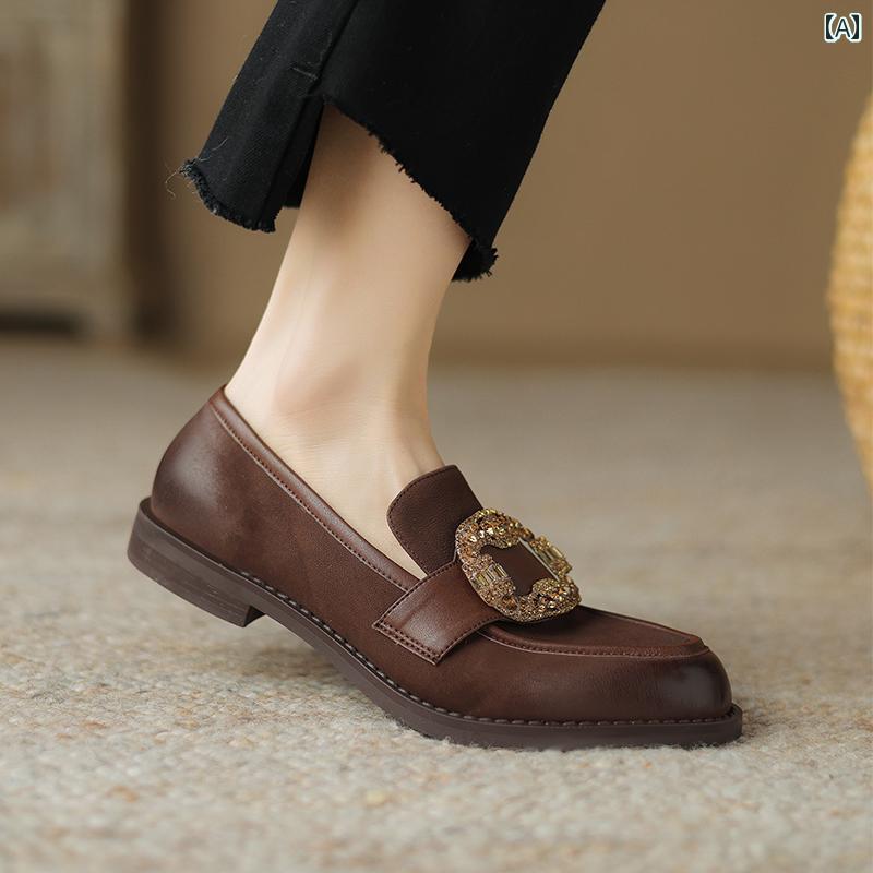 ローファー レディース 歩きやすい 通勤 通学 春秋 女性用 ブラウン ラウンド ヘッド シープスキン 英国 ローヒール シングル シューズ ディープ マウス フラット シューズ 柔らかい ソール 快