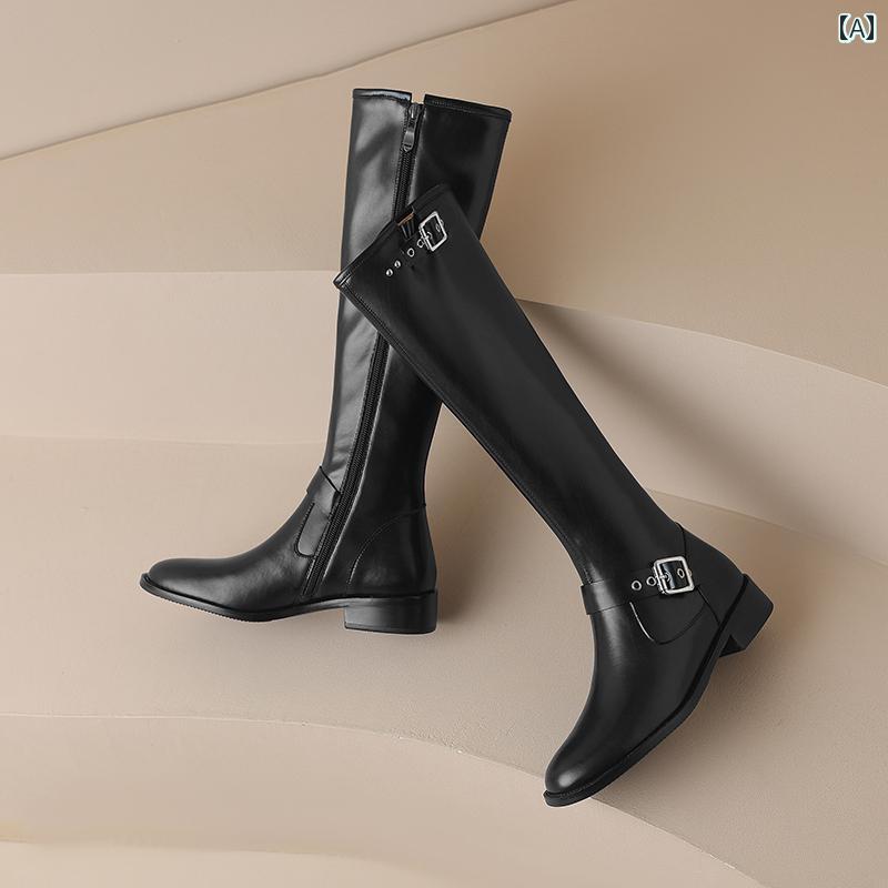 ロングブーツ レディース タイトフィット シンプル おしゃれ スタイルアップ 冬用 厚底 革 スリム おしゃれ メタル バックル ハイ ブーツ 脚 カバー サイド ジッパー ナイト ブーツ
