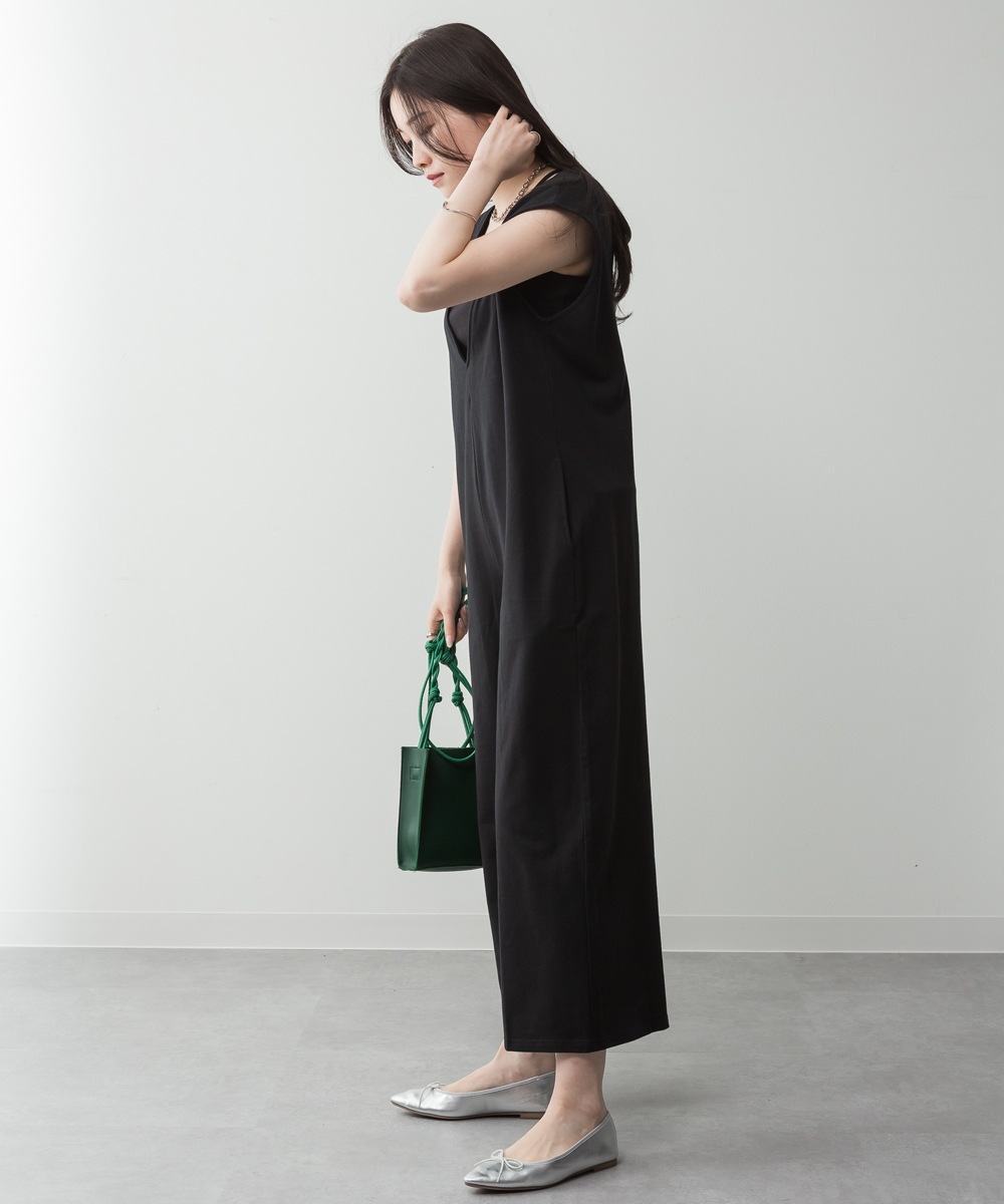 ミニ裏毛 深Vネック コットンジャンプスーツ サロペット オールインワン ジャンプスーツ イージーパンツ ワイドパンツ ロングパンツ ゆったり 大きいサイズ M L LL 3L 4L 5L