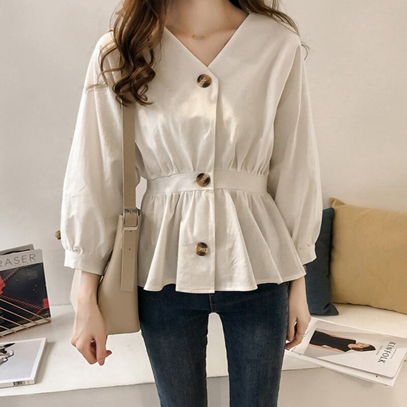 大人可愛い トップス 長袖 シャツ l ゴムウエスト 細見え ペプラム Vネック フロントボタン 襟なし 体型カバー レディース ファッション 無地 シンプル 通勤 通学 お出かけ 着回し 普