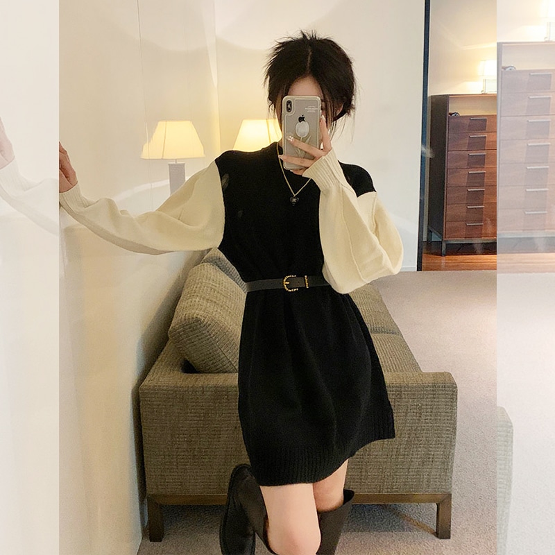 ワンピース ニットワンピース ショート丈 長袖 襟なし スリム ニット こなれ感 ラブリー キュート 個性的 とろみ感 無地 秋 冬 誕生日 クリスマス S M L XL ホワイト ブラック