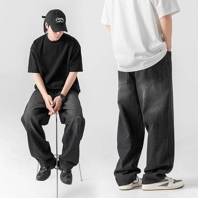 韓国大きいサイズ カジュアルパンツ 復古ジーンズ ストレート メンズ スウェットパンツ ワイドパンツ レディースジーンズ