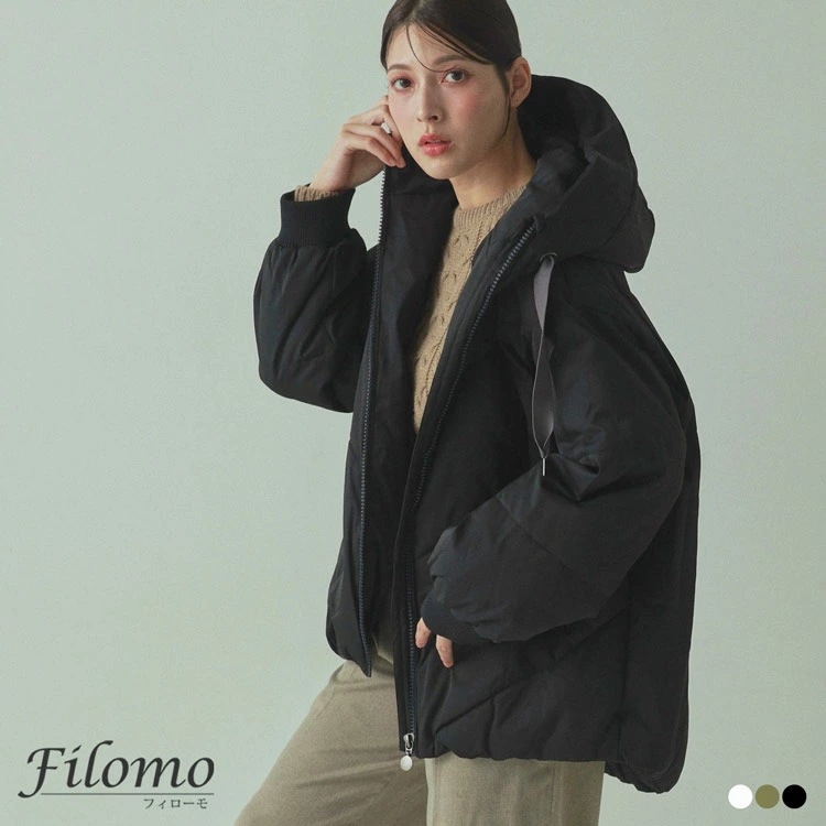 エコダウン 中綿コート ショート丈 レディース filomo ブランド ゆったり 大きいサイズ フード付き 防寒 暖かい ブラック 黒 中綿ジャケット 冬 アウター ミドル丈 母の日 ギフト アイボリ
