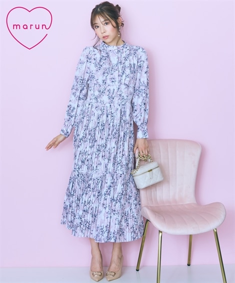 ロング・マキシ丈/半袖 大きいサイズ フラワープリントプリーツデザイン長袖ワンピース marun