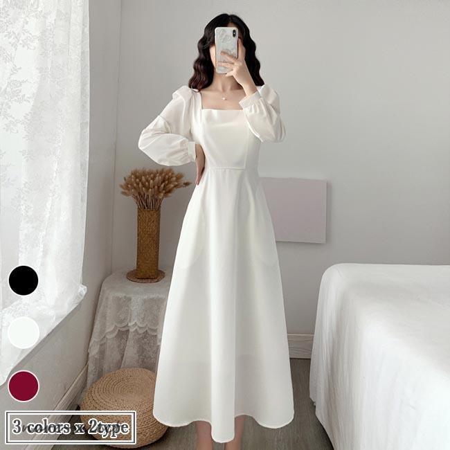 2025年新品の発売ワンピース 長袖 春 レディース ロングワンピ スクエアネック ドレス マキシ丈ワンピース 結婚式 長袖ワンピース 宴会 パーティー チュニック