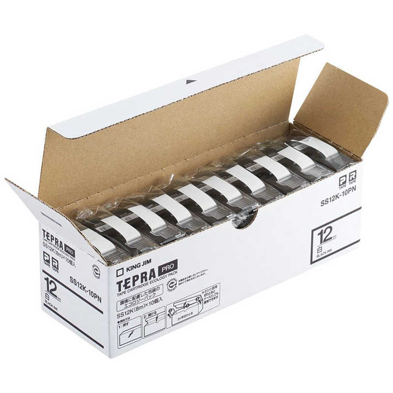 キングジム　テプラ(TEPRA)PROテープエコパック白ラベル 10個入 (白テープ/黒文字/12mm幅)　SS12K-10PN