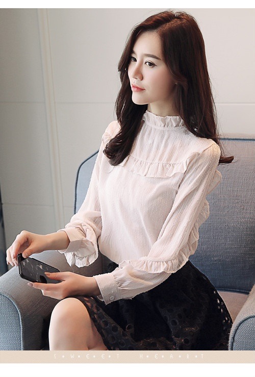 2647　長袖 フリル付きシフォンブラウス