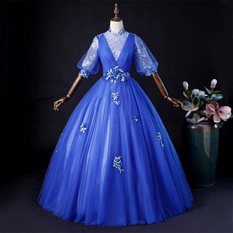 カラードレス ロングドレス パーティードレス 青 ブルー ハイネック 五分袖 袖有 透け感 ステージ衣装 チュール ウェディングドレス ウエディングドレス 結婚式 二次会 花嫁 前撮り 演奏会 発表会