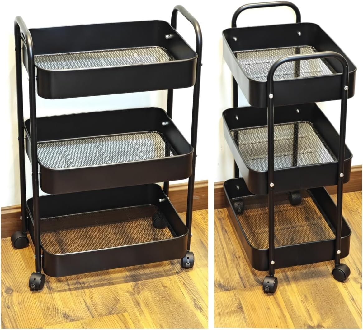 スチール製3段キッチンワゴン 耐荷重45kg 幅42×奥行31×高さ72cm キャスター付き 組立式 黒色