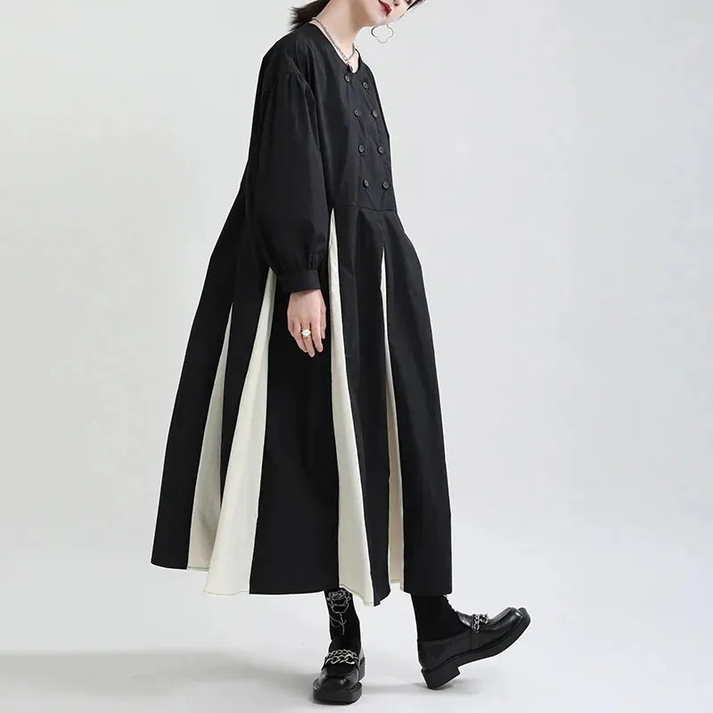 【J.Fashion】 秋 ロングワンピース ドッキング 長袖 黒白 大きい裾 ワンピース レディース おしゃれ 関連商品は店で購入可能 メガ割30%までに制限 5,533円