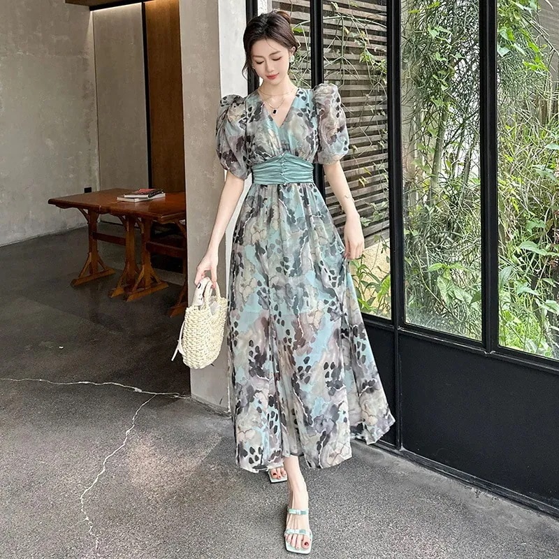 ハワイ リゾートワンピース シフォン スリット ティアードスカート 沖縄 旅行 夏ワンピ ボヘミア ドレス パーティー 着痩せ 大人 お呼ばれ30%までに制限