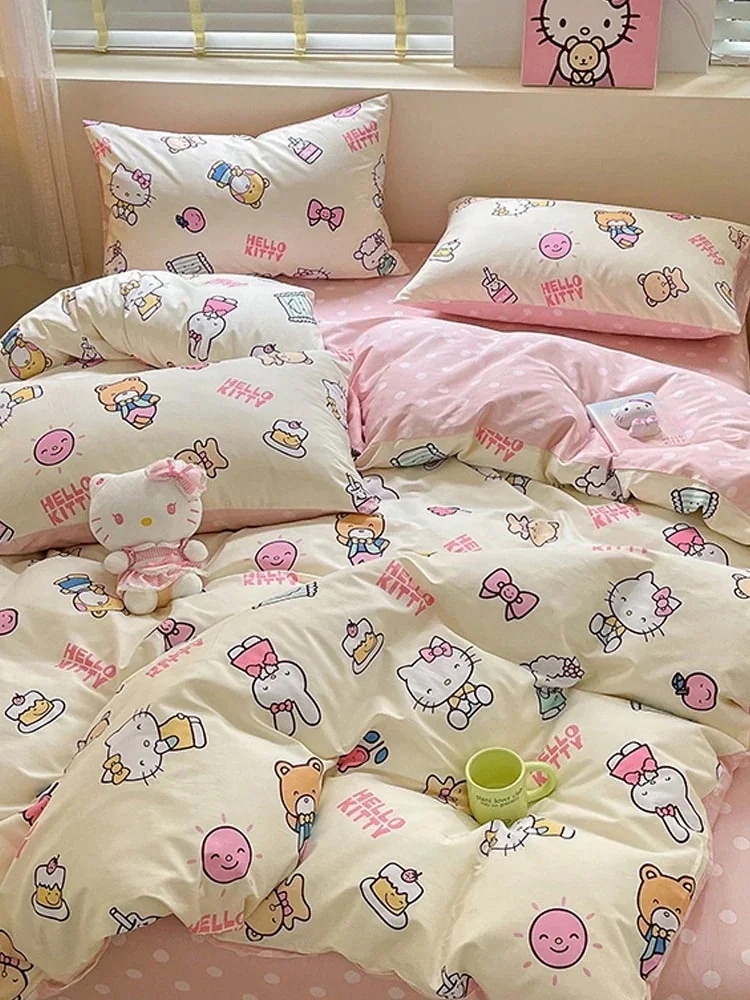 【急速出荷!】おやすみ猫コットン4点セットキュートコットンシーツとフィット寝具の3点セット