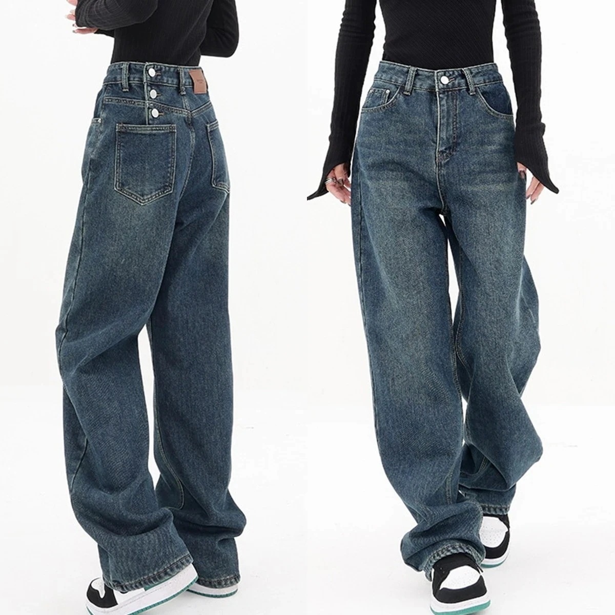 25レトロハイウエストワイドデニムブルーストレートゆったりカジュアルモップパンツレディースデニム