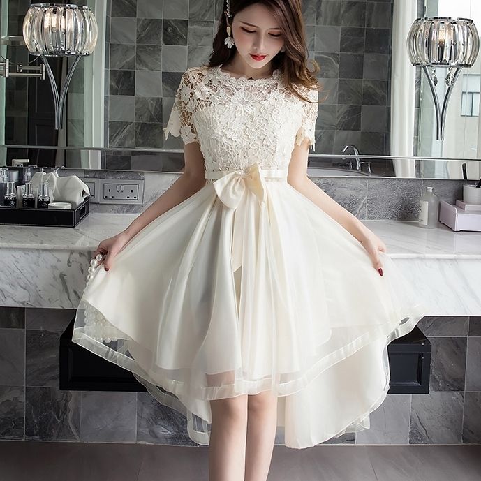 レース ワンピース レディース ドレス 花柄 パンチングレース ロングテール ミニ丈 ミディアム丈 チュール リボン フレアスリーブレース フレア フォーマル パーティ 半袖 アシンメトリー ウエスト