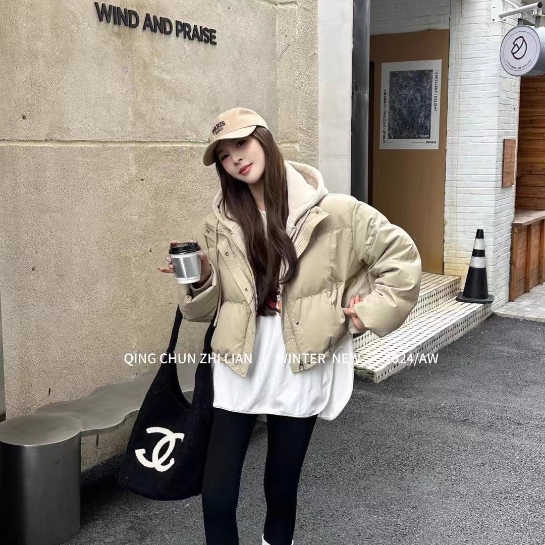 202ネットレッド4冬の韓国系は衝突色の帽子をつなぎ合わせて小さなパン服のダウンジャケットを2枚作った