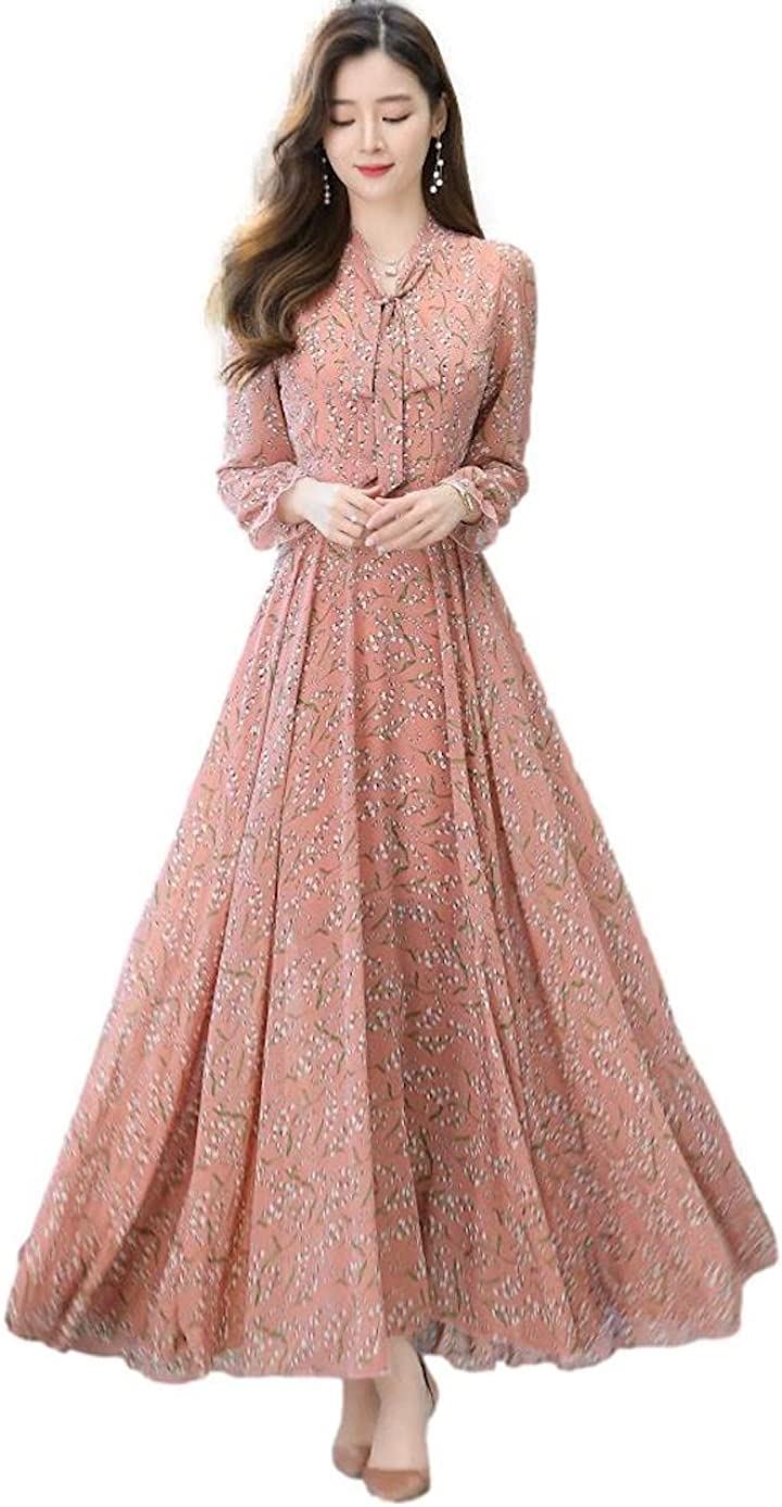 ロングシフォンワンピース レディース 小花柄 長袖 パフスリーブ ボウタイリボン ハイウエスト Ａライン フレア 上品 体形カバー スタイリッシュ 細見え マキシワンピ(ピンク, S)
