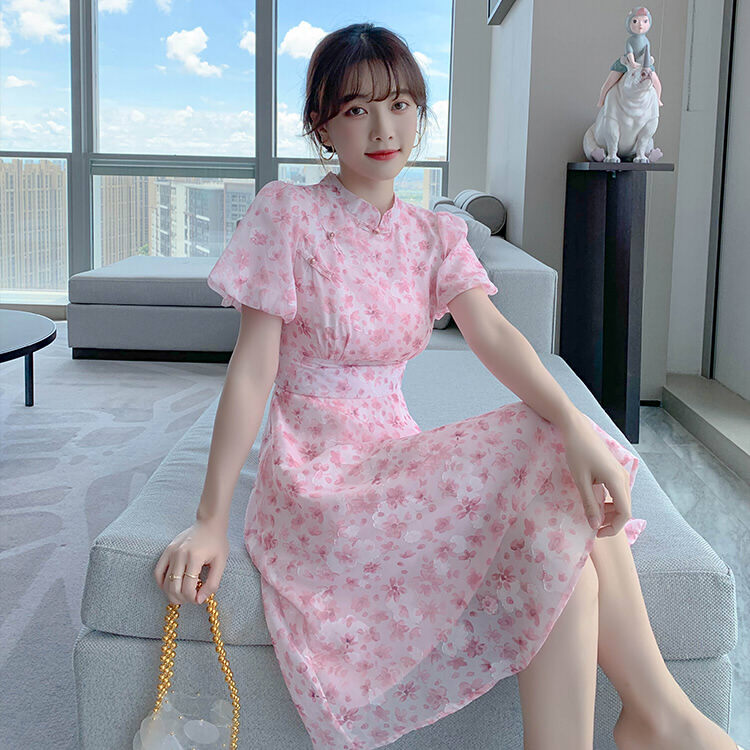 花柄ワンピース シフォンワンピース 膝丈ワンピース 膝丈 ミディアム丈 立ち襟 半袖 パフスリーブ