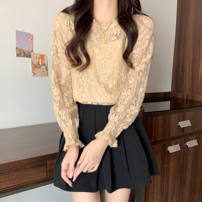 トップス シャツ ショート丈 袖あり 長袖 襟なし スリム レース 大人可愛い きれいめ 上品 おしゃれ 大人女子 キュート エレガント 秋 冬 20代 30代 レディース 女性用 通勤 学生 通学