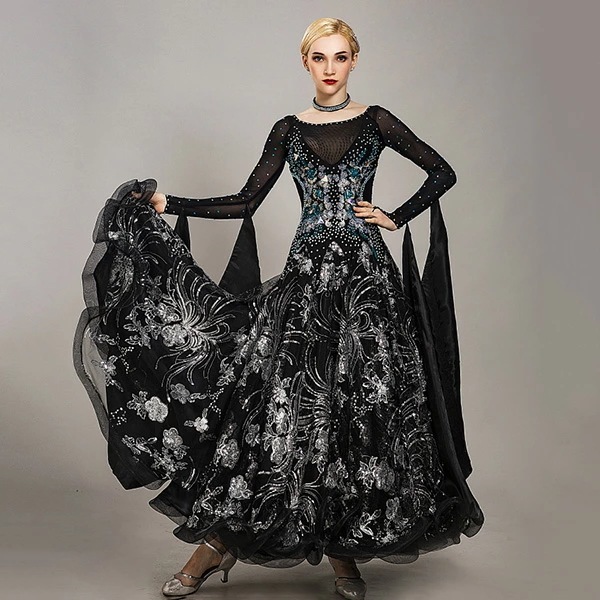 社交ダンス ドレス 高級 スタンダード 競技用ドレス 発表会ドレス 社交ダンス衣装 ワンピース スタンダードドレス モダン ドレス 広がる裾 試合発表会用 競技ダンス 高級ドレス 演出用 豪華 モダン