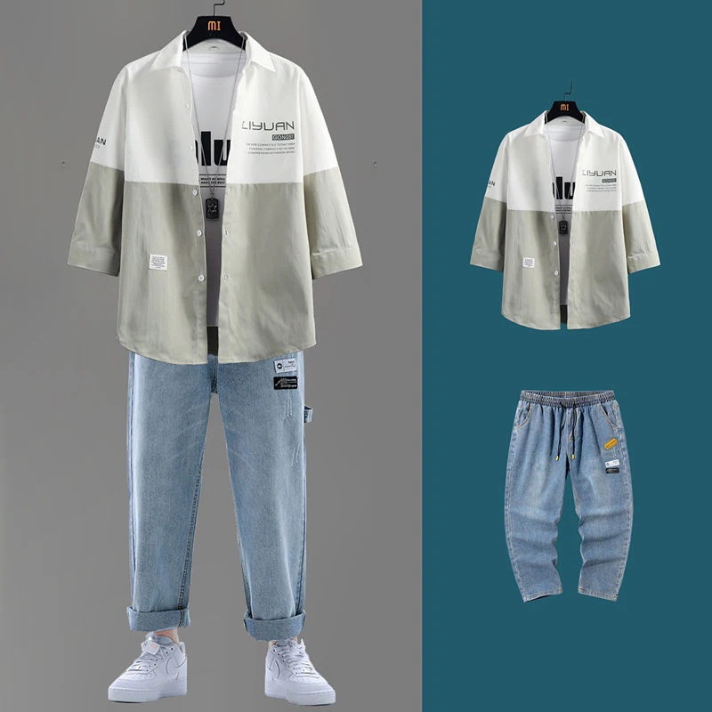 M-4XL セットアップ メンズファッション 七分袖シャツ+ジーパントレンドゆったり上下セット