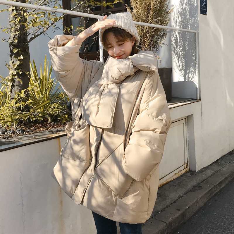 ダウンジャケットレディースミドル丈2025秋冬スカーフ七分袖新型韓国風厚手大きいサイズゆったりファッションコート