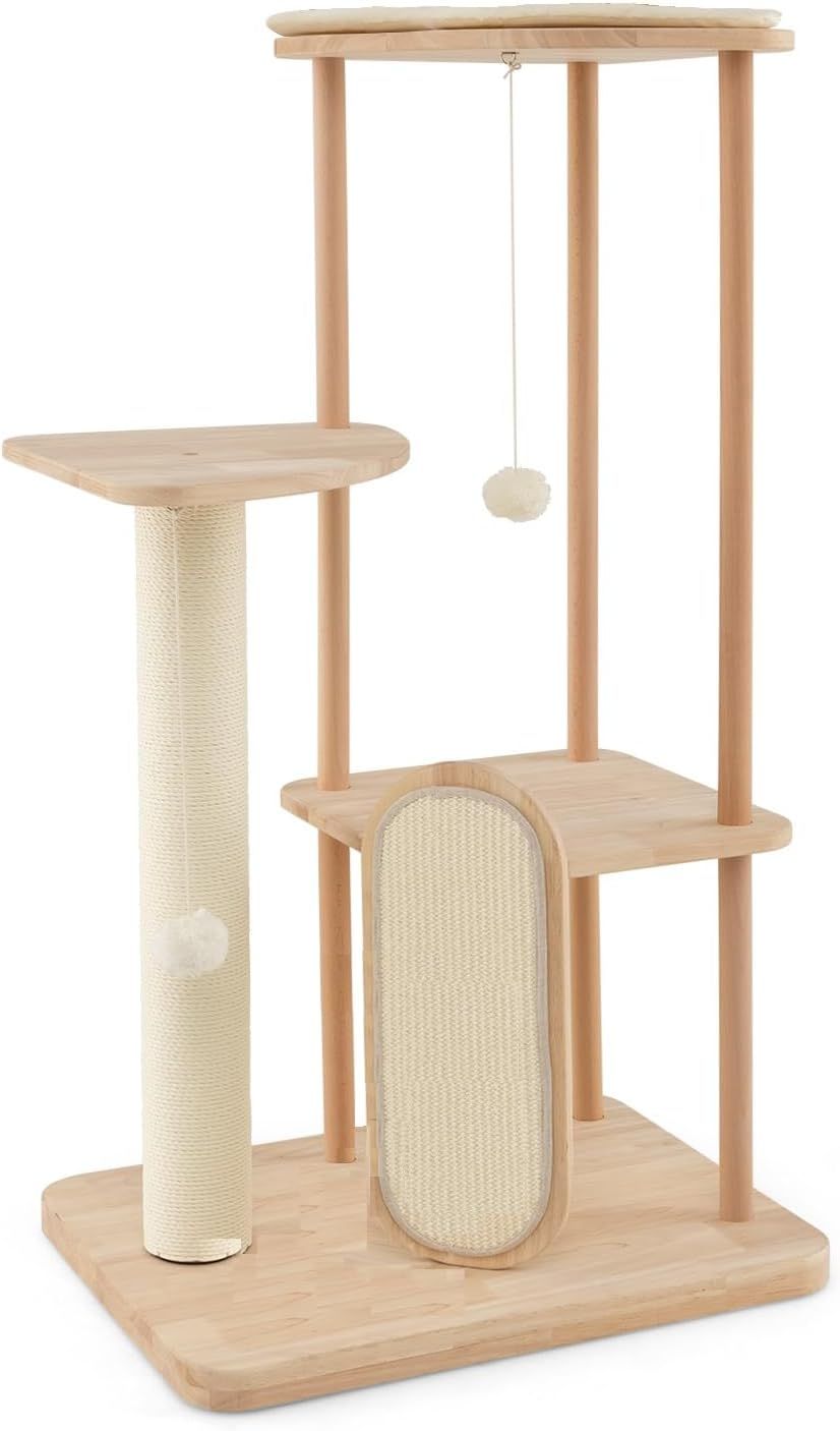 キャットタワー 据え置き 高さ112cm 木製 おしゃれ 多頭飼い 猫タワー ねこタワー 猫用品 ボンボン玉猫じゃらし付き 天然サイザル麻の爪とぎボード 爪磨き 広い展望台 安定 運動不足解消 ストレ
