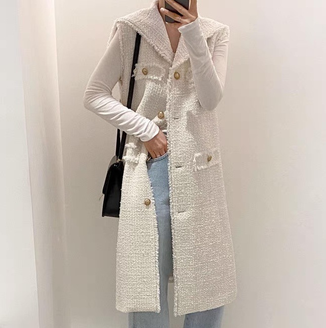ノースリーブツイードロングコート 白 ホワイト クリーム アイボリー 韓国 オルチャン レディース ツイードコート ツイードロングジャケット ツイード 高見えコート 高見えアウター 高見え