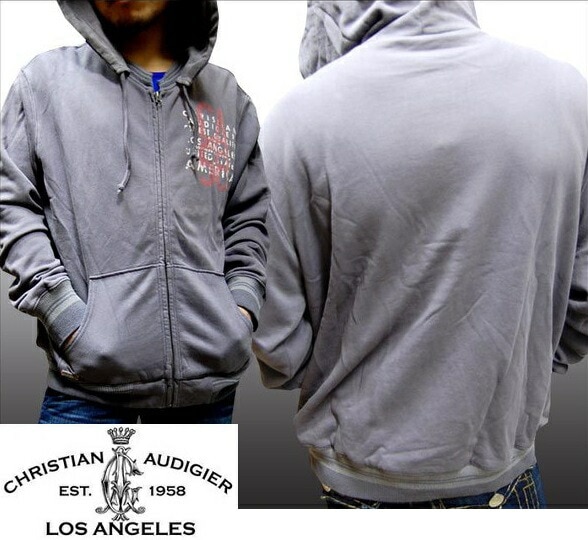 セール クリスチャンオードジェー パーカー メンズ Christian Audigier CA of USA チャコール ジップパーカー フーディー インポート ハリウッド LAセレブ ファッショ
