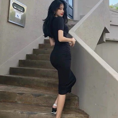 ウエストギャザータイトワンピース ワンピース ワンピドレス 膝丈 ひざ丈 膝下 袖あり 半袖 長袖 ラウンドネック スリム タイト 細身 Iライン 綿 かわいい 大人可愛い きれいめ シンプル