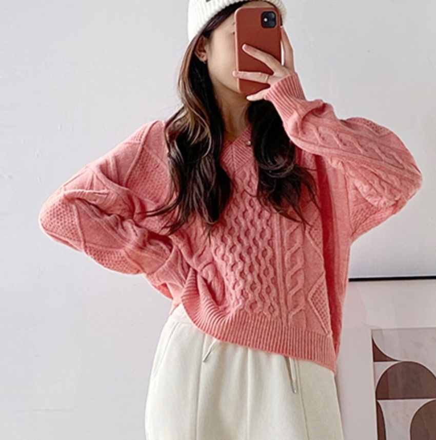 カットソー レディース 長袖 Vネック ケーブル ニット おしゃれ かわいい 大人可愛い きれいめ シンプル カジュアル 大人 無地 冬 ママ 学生 デート お出かけ 着回し ピンク　トップス