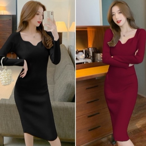 ニットワンピース ワンピース ワンピ リブニットワンピース ミディアム丈 半端丈 膝丈 ひざ丈 タイト 細身 細身シルエット 脚長 美脚 袖あり長袖 Vネック 無地 シンプル リブ レディース 上品