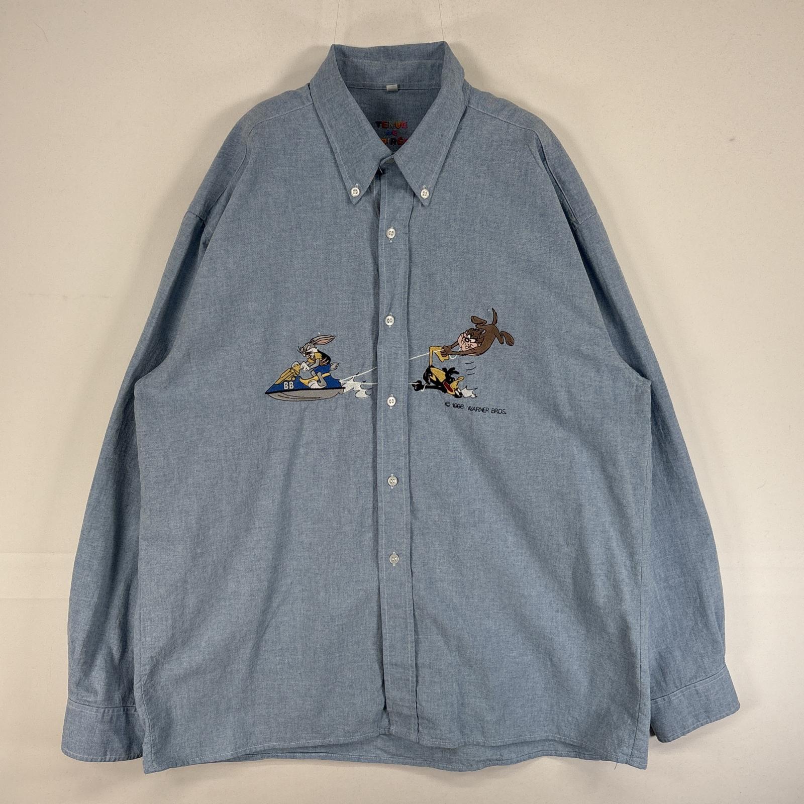 古着 ルーニーテューンズ Looney Tunes 長袖シャツ キャラクター 刺繍 ボタンダウン L 水色系 メンズ
