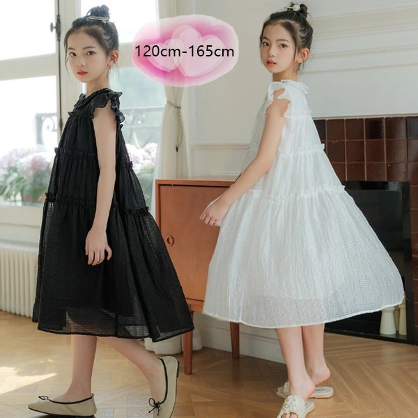 早買い早割 韓国子供服 キッズ ワンピース プリンセス 夏ワンピ 女の子 誕生日 結婚式 発表会 ワンピース ブラック ホワイト 袖フリル 飛袖 ワンピー 子ども服 ミディアム丈ワンピース 旅行 リゾ