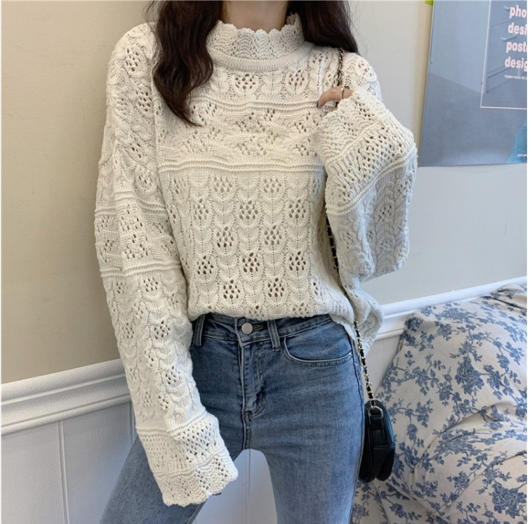 トップス ニットソー 袖あり 長袖 ハイネック ストレート ワイド クロシェ 編み込み 透け感 シースルー 伸縮性 かわいい 大人可愛い シンプル 大人 上品 おしゃれ お洒落 レトロ 大人可愛い