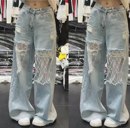 レトロ パッチワーク レース 破れデザイン デニムパンツ 女性用 ルーズ ワイドレッグ ハイウエスト スリム効果 気品があり 万能搭配 デザイン性豊か ストレートパンツ