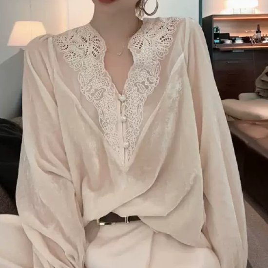 長袖ブラウス レディース トップス シャツ Vネック レース カジュアル お出かけ おしゃれ きれいめ ルーズ ボタン プルオーバー アプリコット ファッション 女性 ブラウス 長袖シャツ