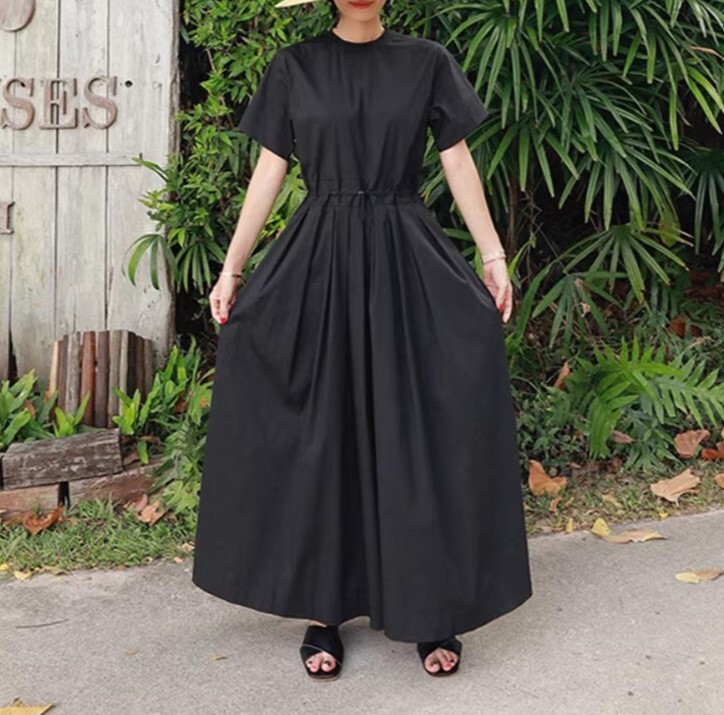 レディース オールインワン 膝下 半袖 クルーネック 襟なし ノーカラー ワイド フレア タック ウエストマーク ポケット ドロスト シンプル カジュアル 上品 おしゃれ こなれ感 無地 春 夏 ママ