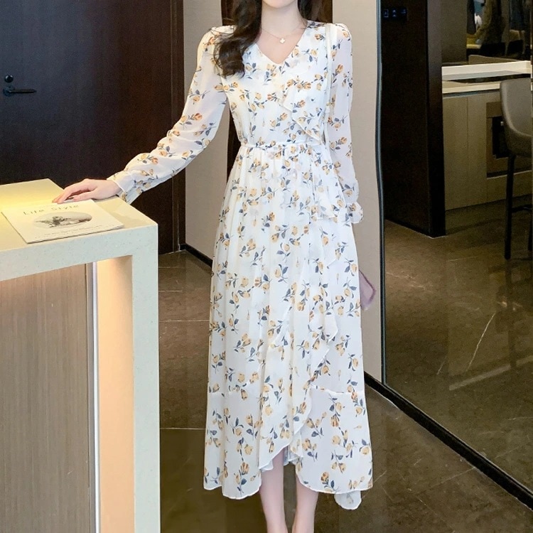 【短納期】花柄ワンピ シフォン Vネック フリル 花柄 ワンピース 透け感 長袖 白 Aラインワンピ ロングワンピ 大人 膝下 ミモレ丈 ロング丈 ガーリー きれいめ 二次会 食事会 デート 体型カバ