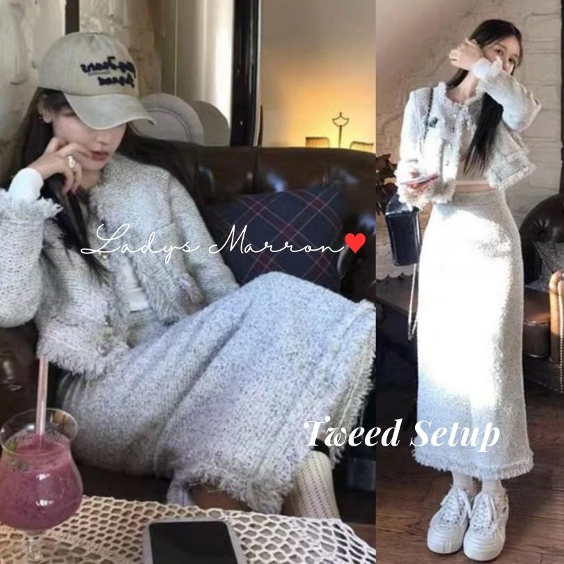 お値下げしましたツイードセットアップ 韓国 レディース ツイードジャケット ツイードスカート ツイードワンピース 秋 冬 ロング グレー 服装 ママスーツ 七五三 お宮参 ツーピース チェック柄 春 5,239円