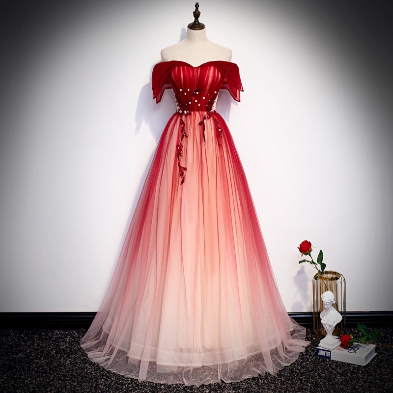 2024赤いワンショルダードレス花嫁帰国婚約ロング妖精星空グラデーションドレスファッションスタイル