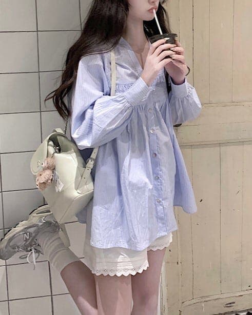 2024秋冬パフスリーブゆるストライプシャツ