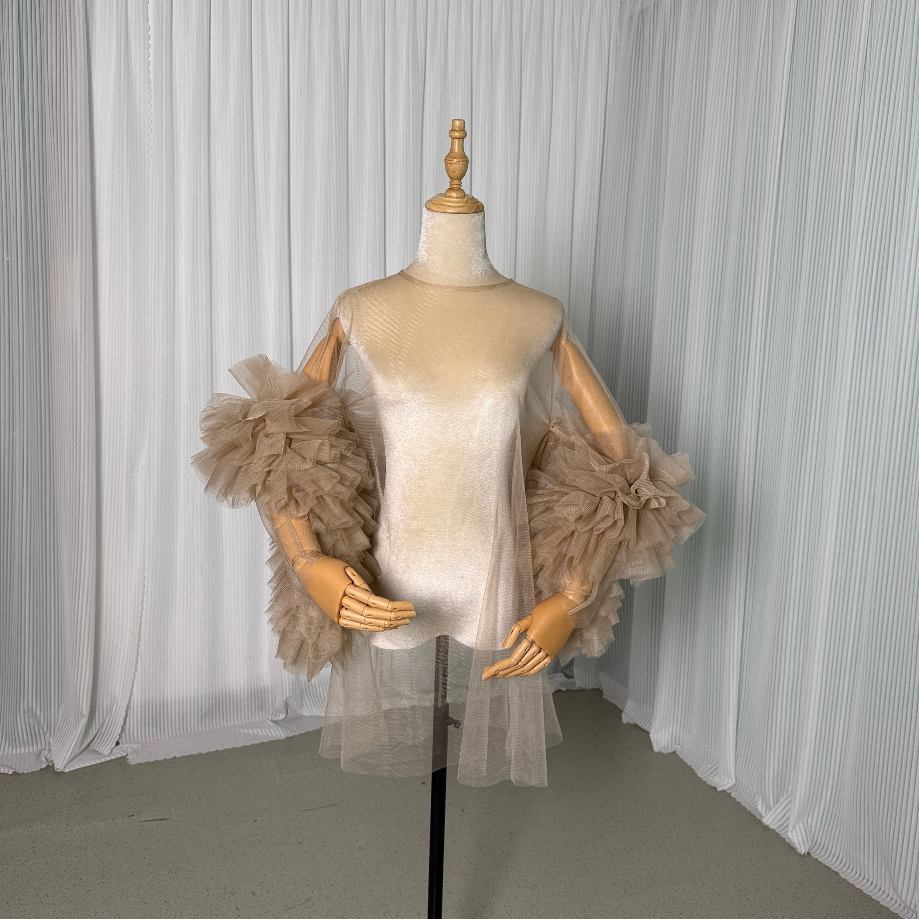 カーキ色 ロングスリーブ ソフトチュール ラウンドネック 花嫁 トップス